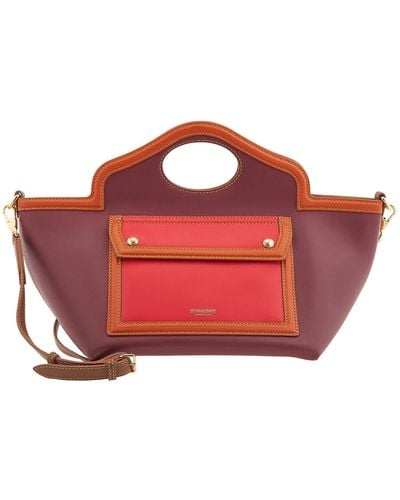 Burberry Colour Block Soft Pocket Leather Tote - Red