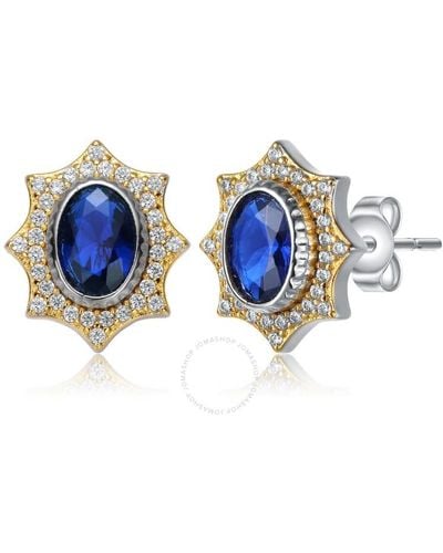 Rachel Glauber Rhodium And 14k Gold Plated Sapphire Cubic Zirconia Stud Earrings - Blue