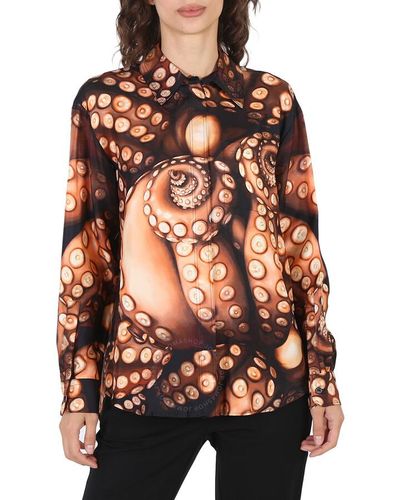 Burberry Silk Twill Octopus Print Long-sleeve Oversized Shirt - Brown
