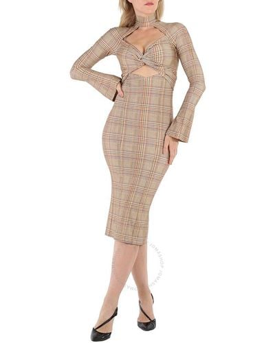 Burberry Dark Honey Cut-out Checked Midi Dress - Natural