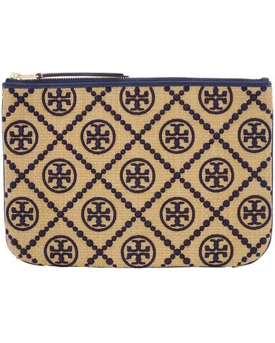 Tory Burch T Monogram Embroidered Straw Pouch - Metallic