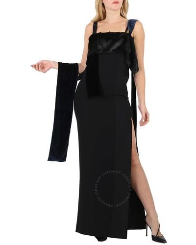 Burberry Faux Fur Detail Panelled Silk And Velvet Gown - Black
