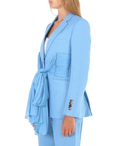 Burberry Jersey Sash Detail Wool Ramie Tailored Jacket - Blue