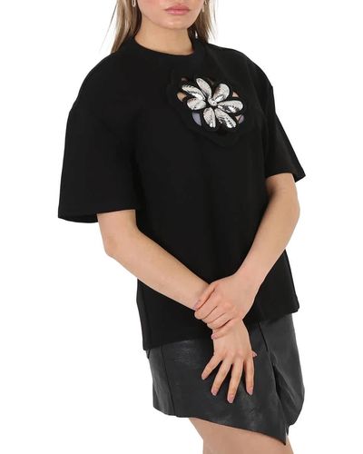 Area Mussel Flower Embellished Cutout Jersey T-shirt - Black