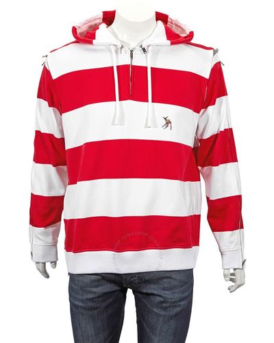 Burberry Red Zip Detail Striped Cotton Hoodie