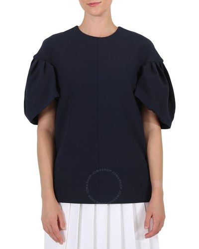 Victoria Beckham Knit Tops Navy Tuck Sleeve Top - Blue