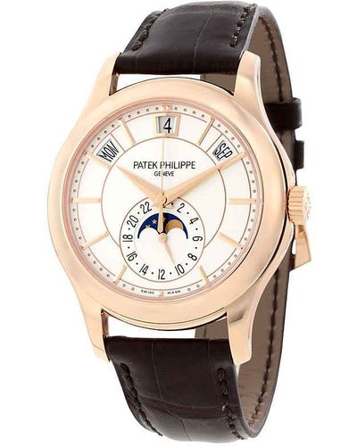 Patek Philippe Annual Calendar Opaline White Dial Brown Leather Watch - Multicolor
