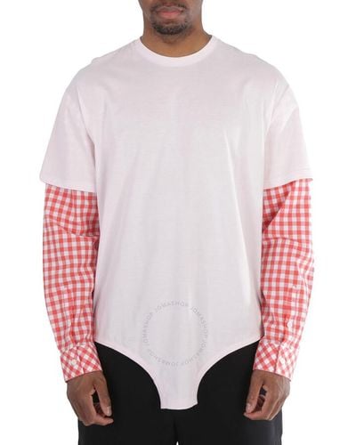 Burberry Pale Cut-out Hem Gingham Sleeve Cotton Oversized T-shirt - Red