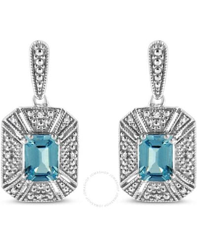 Haus of Brilliance .925 Sterling Silver 7x5mm Emerald Shape Blue Topaz Accent Art Deco Halo Style Drop