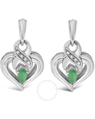 Haus of Brilliance .925 Sterling Silver 5x3mm Pear Emerald Gemstone With Diamond Accent Heart Dangle Stud Earrings - Green