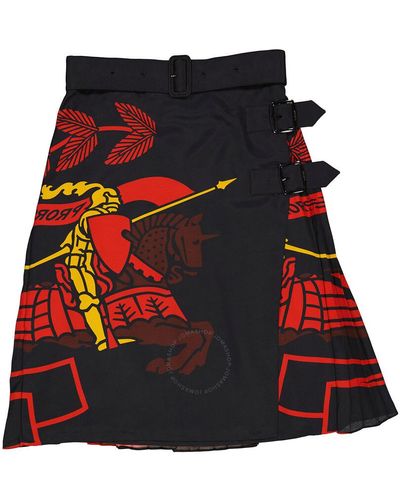 Burberry Ekd Print Belted Silk Skirt - Red