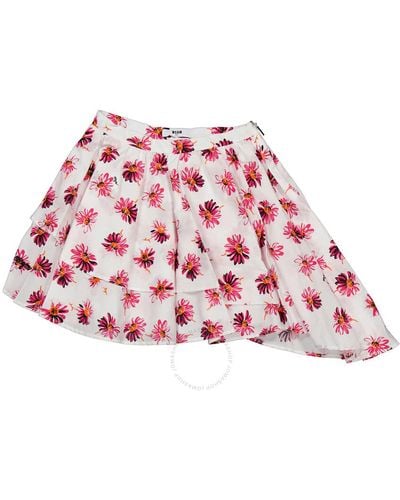 MSGM Girls Floral Print Asymmetric Cotton Skirt - Red
