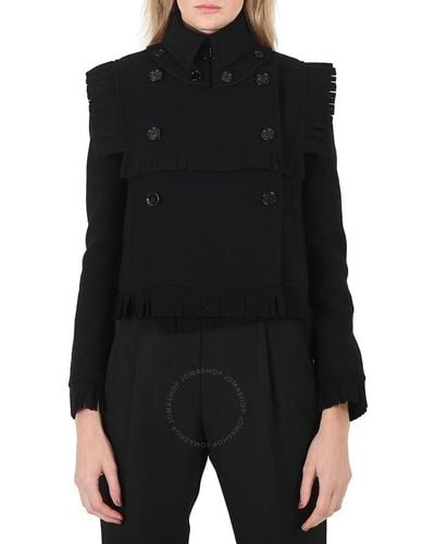 Burberry Fringed Cashmere Wool Blend Cropped Trench Jacket - Black