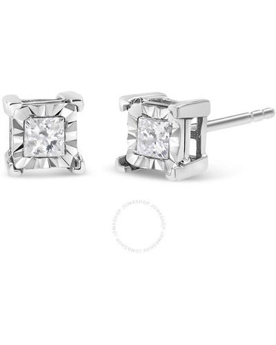 Haus of Brilliance .925 Sterling Silver 1/2 Cttw Miracle Set Princess-cut Diamond Solitaire Stud Earrings - Metallic
