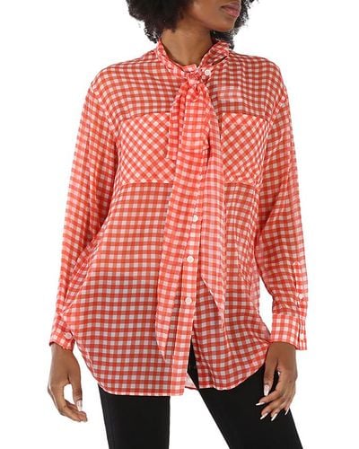 Burberry Gingham Silk Chiffon Pussy-bow Blouse - Red