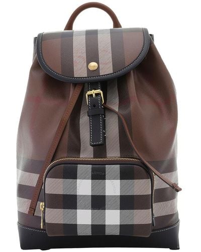 Burberry Dark Birch Dark Check And Leather Backpack - Brown