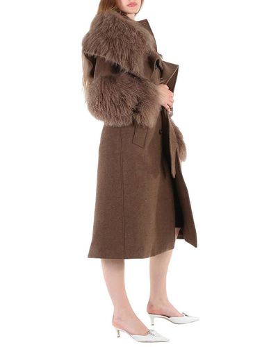 Burberry Shearling Trim Wool Cashmere Double-breasted Trench Coat - Brown