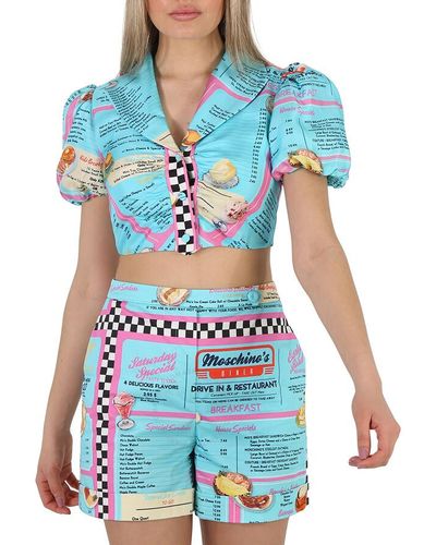 Moschino All-over Diner Menu Print Cropped Silk Blouse - Blue