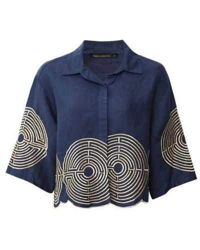 Greek Archaic Kori Circle Cropped Linen Shirt - Blue