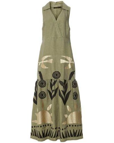 Greek Archaic Kori Embroidered Collared Dress - Green