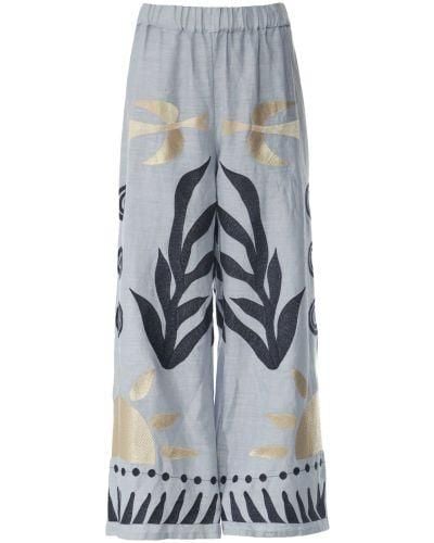 Greek Archaic Kori Embroidered Linen Trousers - Grey