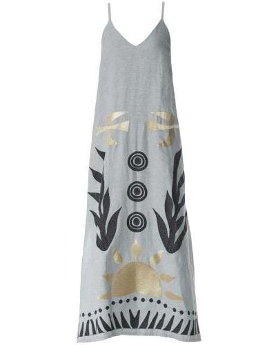 Greek Archaic Kori Strappy Embroidered Sundress - Grey