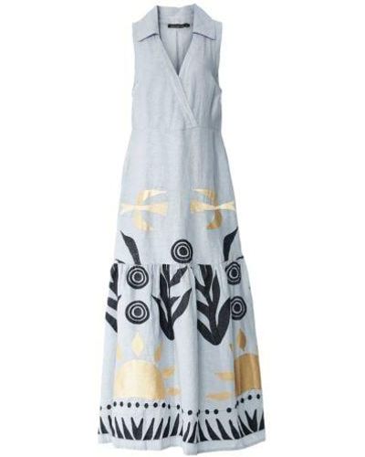 Greek Archaic Kori Embroidered Collared Dress - Grey