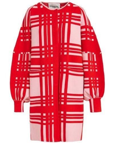 Essentiel Antwerp Long Knitted Checked Cardigan - Red