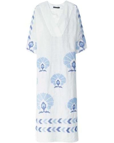 Greek Archaic Kori Linen V-neck Kaftan Dress - Blue