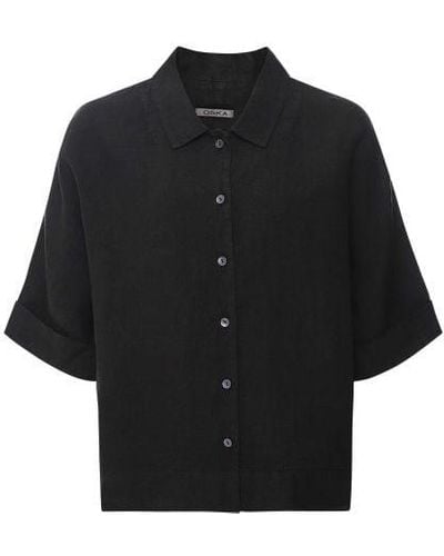Oska Cropped Linen Shirt - Black