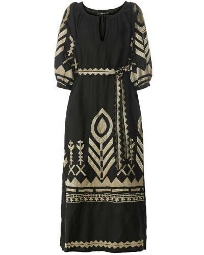 Greek Archaic Kori Feather Puff Sleeve Midi Dress - Black
