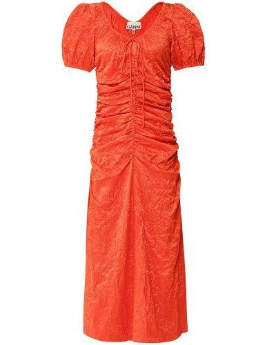 Ganni Crinkle Satin Midi Dress - Red
