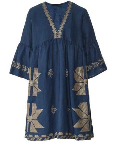 Greek Archaic Kori V-neck Embroidered Tunic - Blue