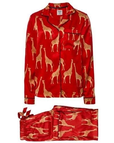 Chelsea Peers Satin Giraffe Print Long Pyjamas - Red