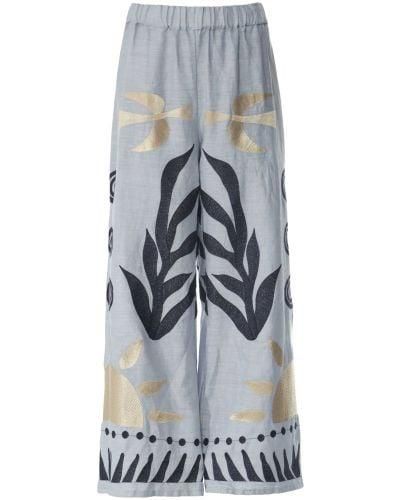 Greek Archaic Kori Embroidered Linen Trousers - Grey