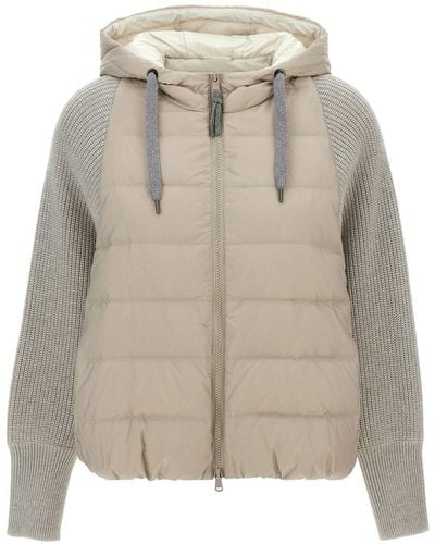 Brunello Cucinelli Hooded Down Jacket With 'solomeo' Inserts - Grey