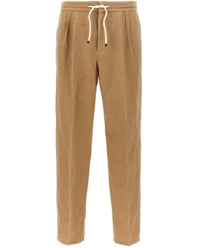 Brunello Cucinelli Linen Trousers With Front Pleats - Natural