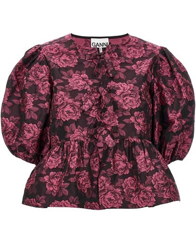 Ganni Floral Jacquard Blouse - Red