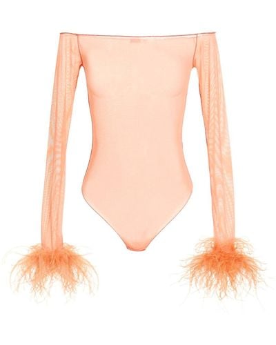 Oséree Feather Transparent Mesh Bodysuit - Pink