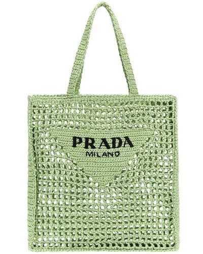 Prada Logo Woven Fabric Shopping Bag - Green