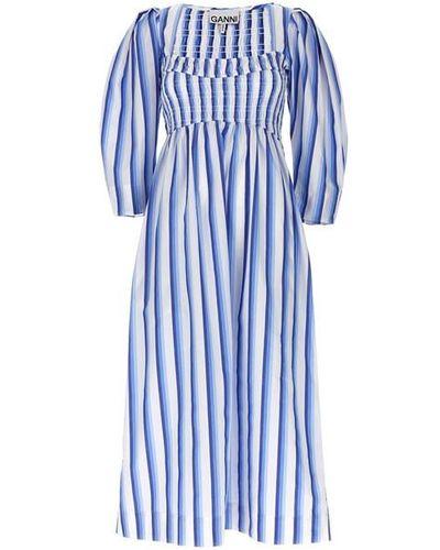 Ganni Stripe Smock Stitch Dress - Blue