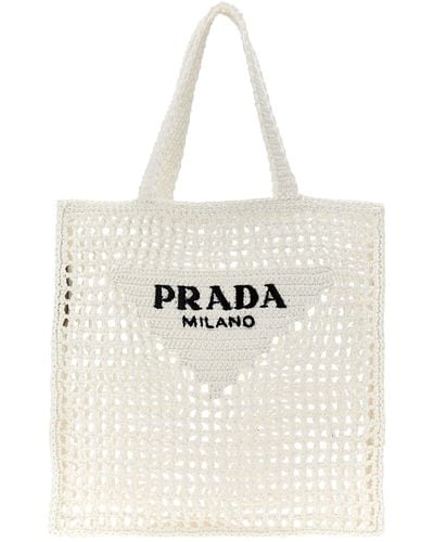 Prada Logo Woven Fabric Shopping Bag - Natural