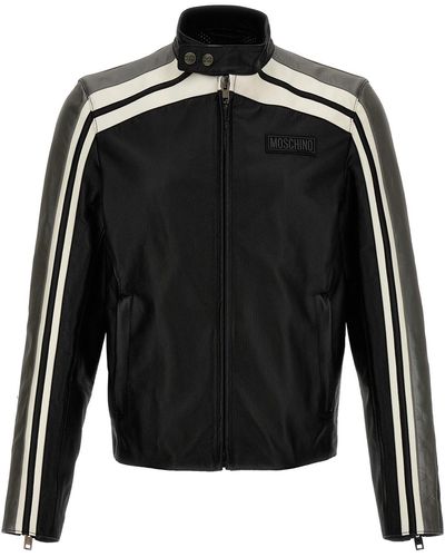 Moschino Leather Jacket With Contrasting Bands - Black
