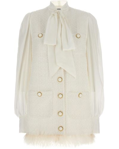 Balmain Kleid Aus Tweed Mit Seideneinsatz - Weiß