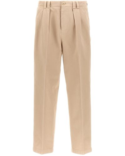 Brunello Cucinelli Cotton Trousers With Front Pleats - Natural