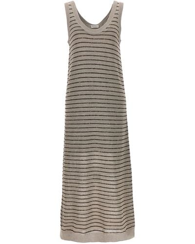 Brunello Cucinelli Langes Kleid Mit Paillettenstreifen - Grau