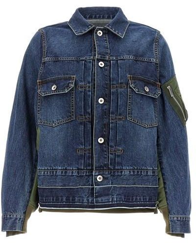 Sacai Giacca denim e nylon - Blu