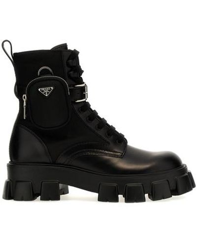 Prada Re-Nylon & Leather Zip Pocket Combat Boots - Black