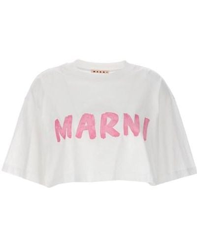 Marni Logo Print Cropped T Shirt Bianco - Rosa