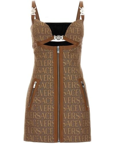 Versace Monogram Mini -Kleid mit Lederverkleidungen - Braun